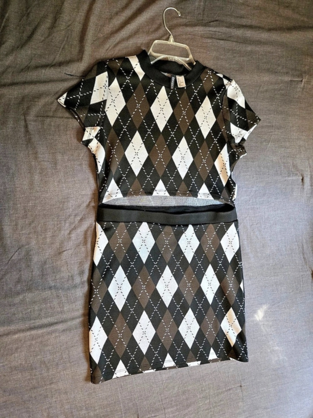 H&M Divided Argyle Cutout Mini Dress Size L Black Brown White Y2K